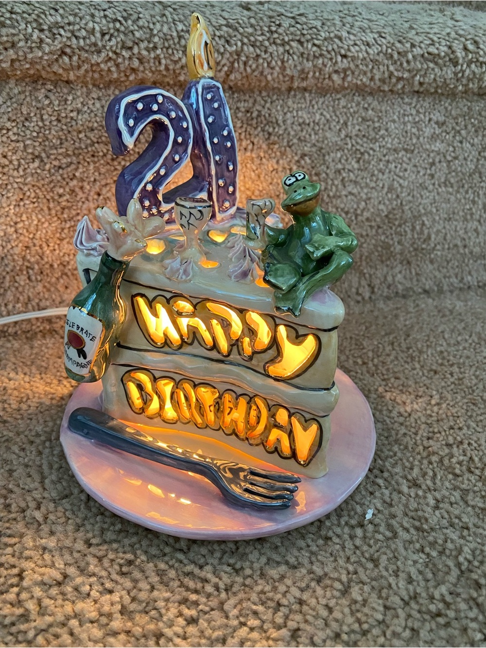 Hand-Painted Ceramic 'Happy Birthday' Cake Night Light - Purple & Green